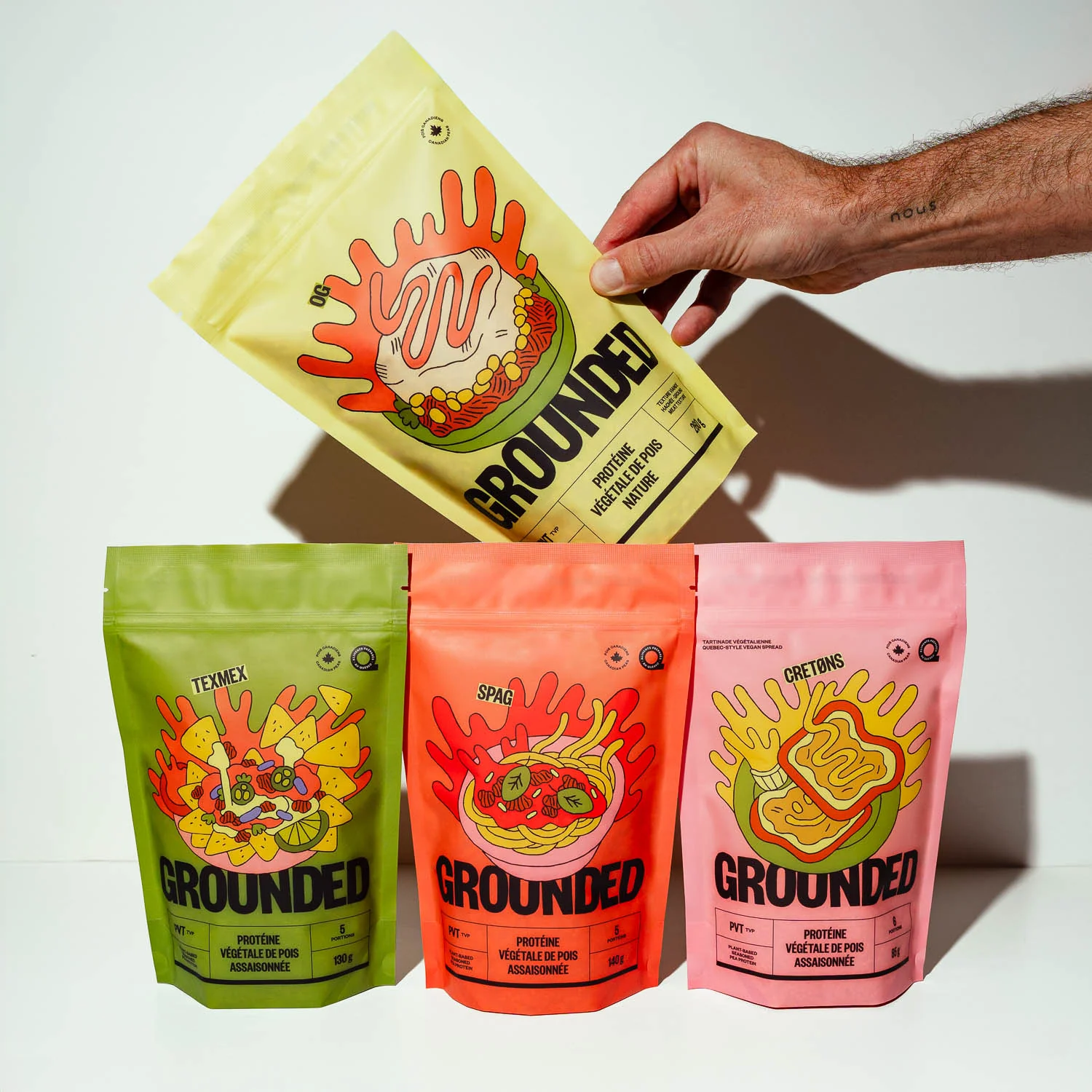 Sachets Grounded OG, Texmex, Spag et Cretons, protéine végétale de pois canadiens